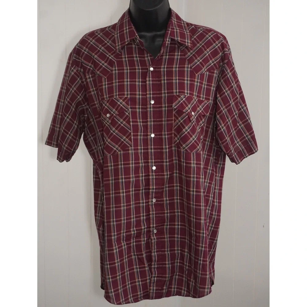 Plains Medium Burgundy Plaid Short Sleeve Pearl Snap Western Shirt